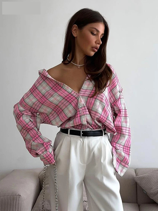 Shirts - Fashion Loose Plaid Office Women's Shirt Vintage Lapel Long Sleeve Shirts Elegant Classic Blouse Top Female Clothing