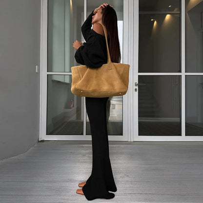 Elegant Fashion Outfits Two Piece Sets Asymmetrical Top and Flare Pant Casual Women Matching Sets Loungewear