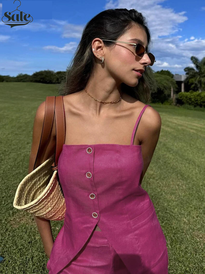 Pants Sets - Summer Loose Pink Cotton Trousers Set 2 Pieces Women 2025 Sexy Sleeveless Tank Top With High Waist Wide Pants Set Female