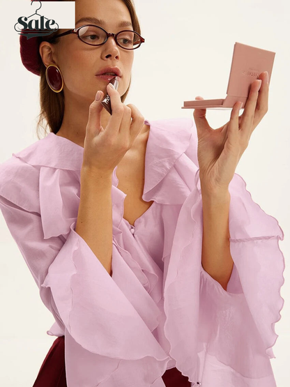 Blouses - Clacive Sexy Loose Pink Women's Shirt 2025 Fashion V-Neck Long Sleeve Shirts Elegant Classic Ruffle Solid Top Female Clothing