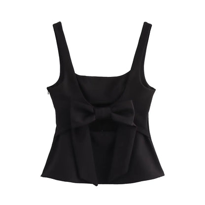 Blouses - Summer Women's Backless Bow Tops Sweet Square Neck Slim Tank Tops Solid Camisole Y2k Vests Short Top Woman Clothing