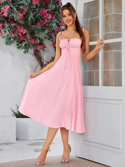 Cami Dresses - Summer Sweet Solid Sleeveless Long Dress Women Fashion Bandage Camisole Dresses Padded Boned Robe Elegant Party Vestidos
