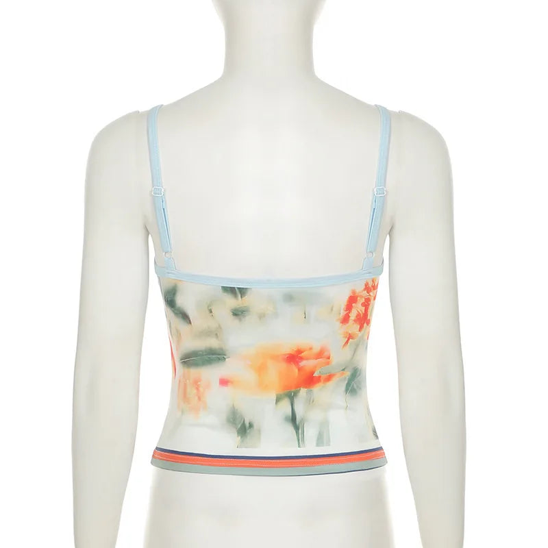 Skirt Sets - Print Floral Two Piece Sets Women Skirt Suit Spaghetti Strap Top Mini Skirt Sets Spring Slim Elegant Party Beachwear