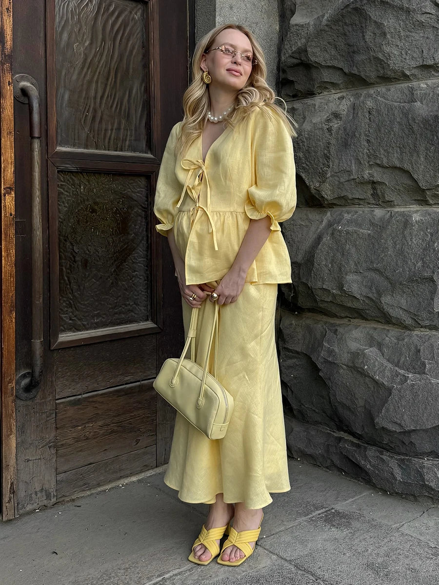 Matching Sets - Bornladies 2025 Summer Women's 100% Cotton V-Neck Lace-Up Bubble Sleeve Shirt Long Skirt Set Loose Casual Two-Piece Suit