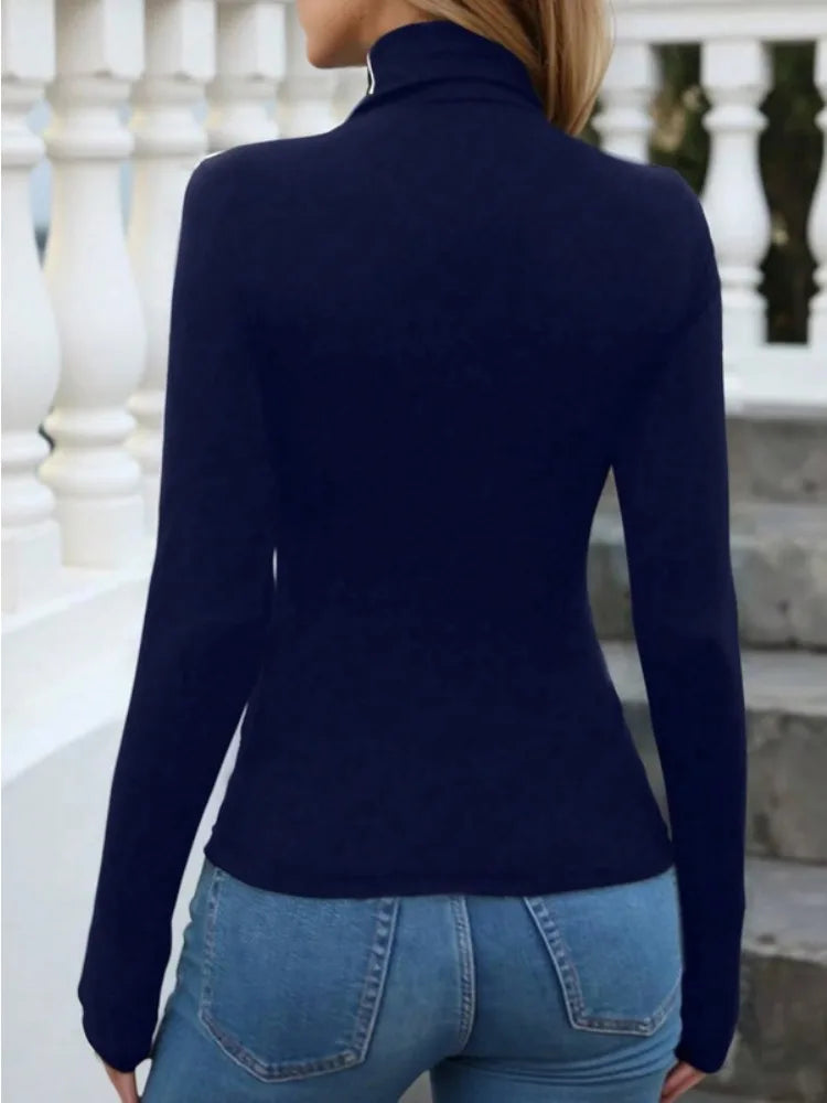 Fall Tops - Beautyblue Casual Women's High Neck T-Shirt Stripes Long Sleeve New Autumn Skinny Stretch Navy Blue Streetwear Fashion Basic Top