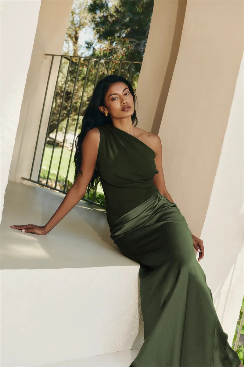 Elegant Dresses - Satin Inclined Shoulder Sexy Maxi Dress Women Fashion Patchwork Sleeveless Backless Bodycon Evening Club Party Dress