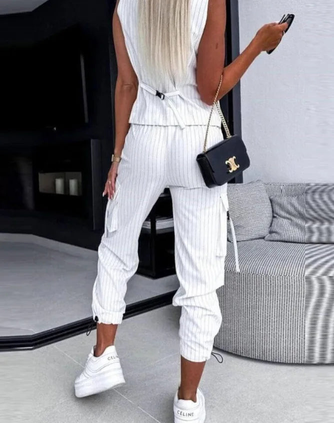 Pants Set - White Striped Vest Suit For Women Summer Casual V-neck Button Top Pocket Loose Pants Outfits Two-piece Suit For Women Elegant