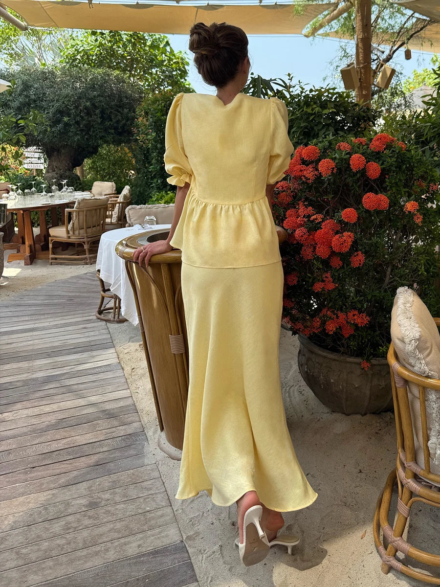 Matching Sets - Bornladies 2025 Summer Women's 100% Cotton V-Neck Lace-Up Bubble Sleeve Shirt Long Skirt Set Loose Casual Two-Piece Suit
