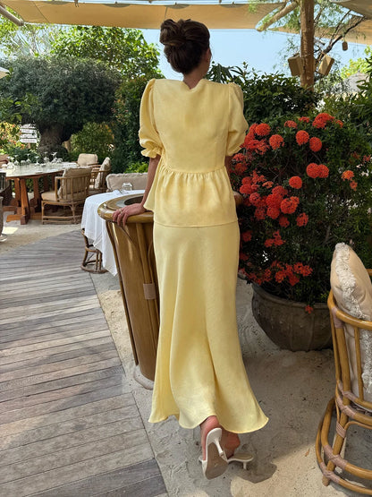 Matching Sets - Bornladies 2025 Summer Women's 100% Cotton V-Neck Lace-Up Bubble Sleeve Shirt Long Skirt Set Loose Casual Two-Piece Suit