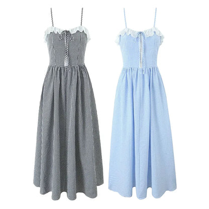 Plaid Dresses - Summer New Women's Dress Style French Lace Plaid Wrapped Chest Dress Shoulder Straps Detachable