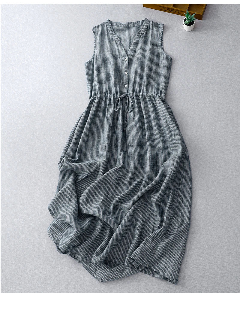 Casual Dresses - Cotton Sleeveless Dresses for Women 2025 New Summer Elegant Drawstring Tank Dress Casual Loose Vintage Stripe Female Midi Dress