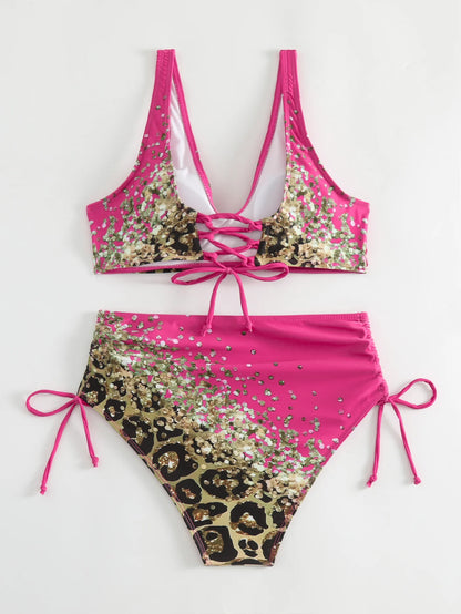 Swimwear - 2024 Drawstring V Neck High Waist Bikini Women Printed Swimwear Female Swimsuit Bathers Bathing Swimming Suit Beachwear Summer