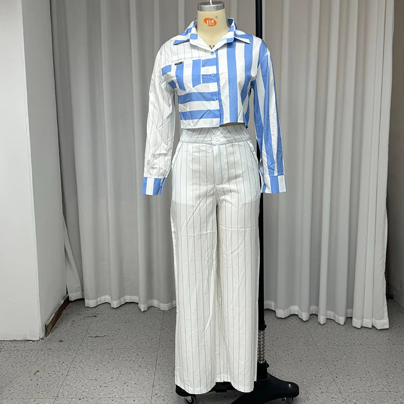 Pants Set - 2 Piece Set Autumn Women Office Elegant Striped Printed Lapel Long Sleeve Single Breasted Button Top Loose Pants Sets