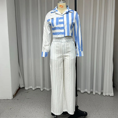 Pants Set - 2 Piece Set Autumn Women Office Elegant Striped Printed Lapel Long Sleeve Single Breasted Button Top Loose Pants Sets