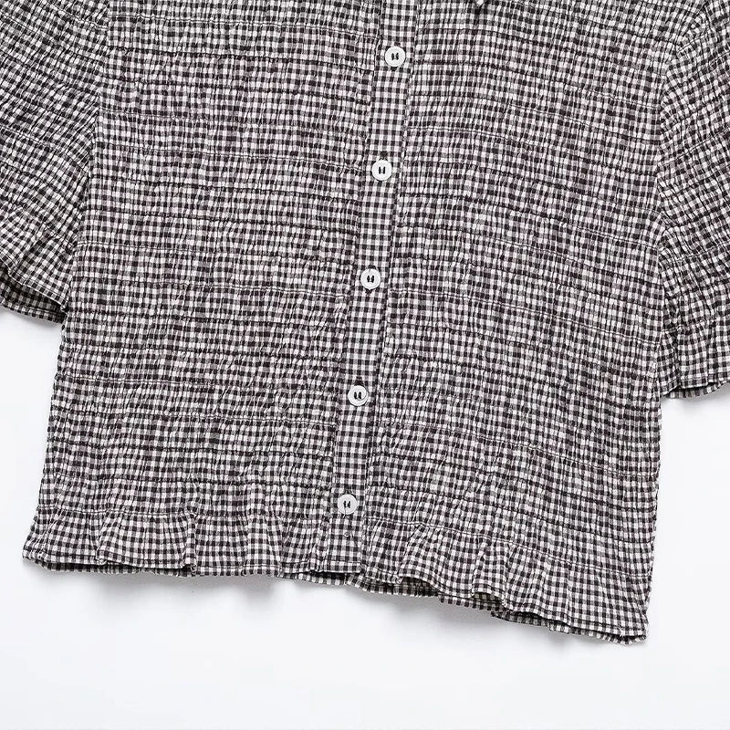 Crop Tops - Women Fashion Plaid Pleated Single Breasted Blouse Vintage Lapel Neck Short Sleeves Female Chic Lady Shirts