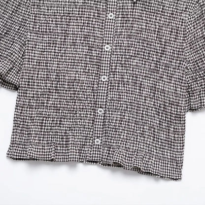 Crop Tops - Women Fashion Plaid Pleated Single Breasted Blouse Vintage Lapel Neck Short Sleeves Female Chic Lady Shirts