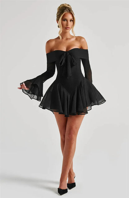 Party Dresses - Strapless Long Flare Sleeve Sexy Mini Dress For Women Robe Off-shoulder Backless High Waist A-line Club Party Dress