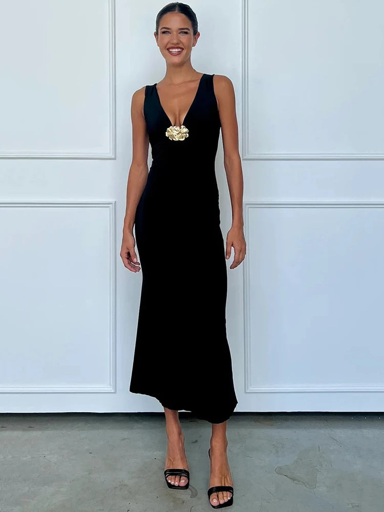 Elegant Dresses - Elegant Deep V Neck Front Gold Clasp Sexy Maxi Dress For Women Black Gown Sleeveless Slim Fit Long Tank Dress Elegant
