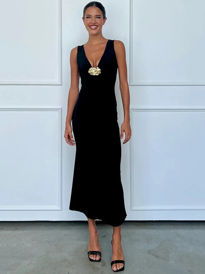Elegant Dresses - Elegant Deep V Neck Front Gold Clasp Sexy Maxi Dress For Women Black Gown Sleeveless Slim Fit Long Tank Dress Elegant