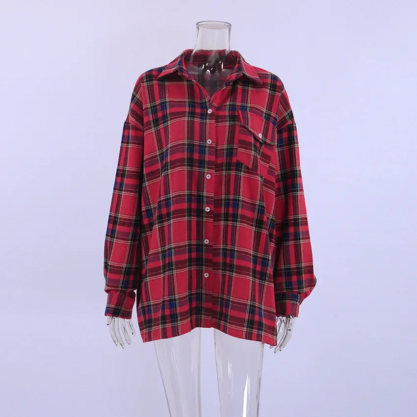 Plaid Shirt For Women, Red Bright Grid, Oversized Blouse, Leisure And Fashionable Top, Spring And Autumn Seasons