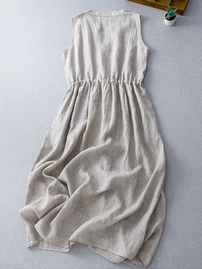 Casual Dresses - Cotton Sleeveless Dresses for Women 2025 New Summer Elegant Drawstring Tank Dress Casual Loose Vintage Stripe Female Midi Dress
