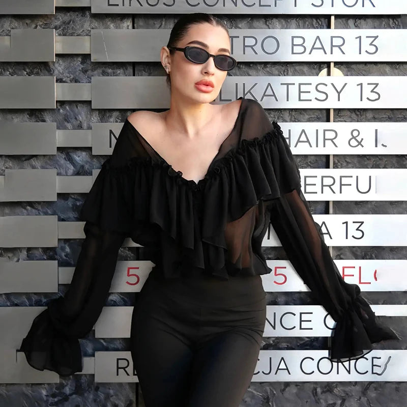 Blouses - Women's Chiffon Ruffle Shirts White Loose V-neck Lantern Sleeve See Through Blouses 2025 Spring Summer Lady Commute Outwears