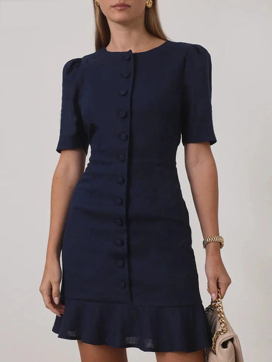 Dresses - Summer Slim Purple Cotton Women's Dress 2025 Fashion O-Neck Short Sleeve Mini Dresses Elegant Classic Solid Female Dress