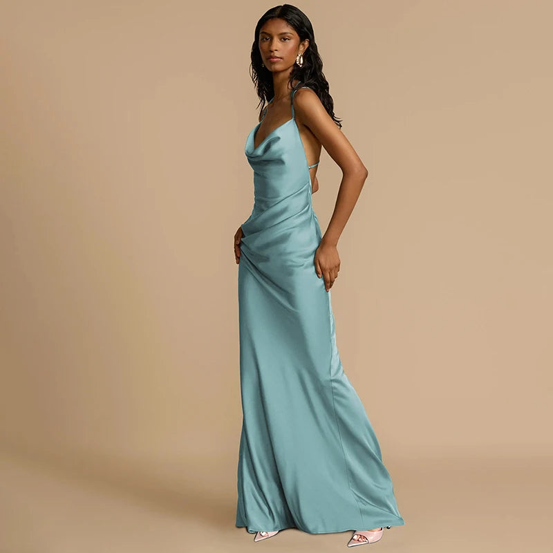 Elegant Dresses - Spaghetti Strap Backless Sexy Maxi Dress Women Gown Fashion Solid Sleeveless Bodycon Evening Club Long Dress Elegant