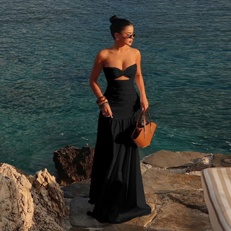 Vacation Dresses - Women's Beach Vacation Strapless Hollow Dress Solid Color Sleeveless Bodycon Maxi Dress Lady High Waist Splice 2025 New