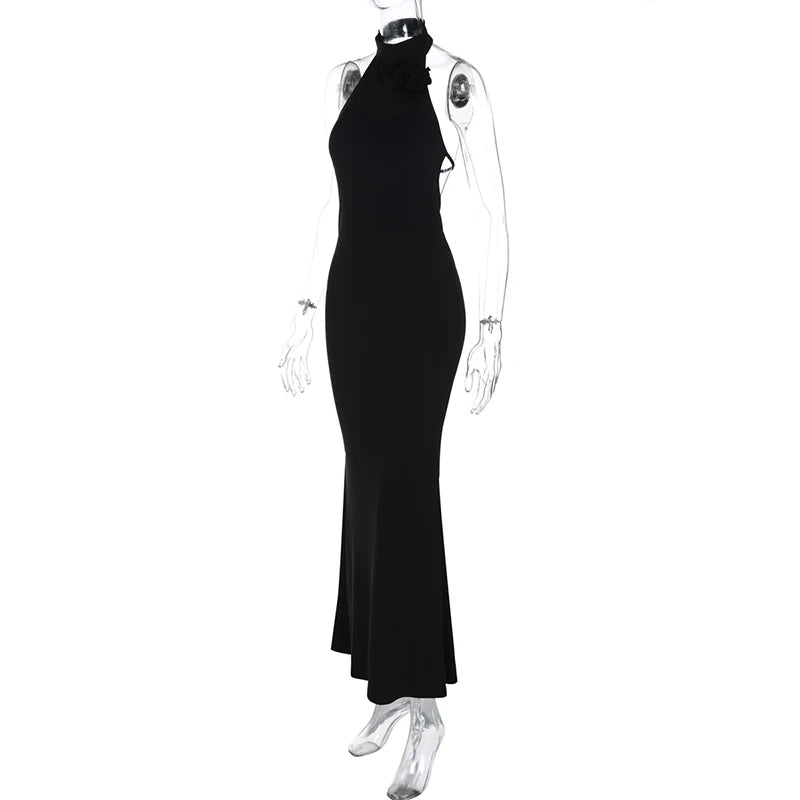Elegant Dresses - Flower Sleeveless Sexy Maxi Dress For Women Gown Fashion Halter Backless Bodycon Evening Club Long Dress Vestido