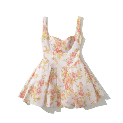 Fit and Flare Dresses - Sexy Pink Flower Print V Collar Sling Dress Women Corset Style Low Waist Folds Hem Ball Gown Swing Mini Tank Robe
