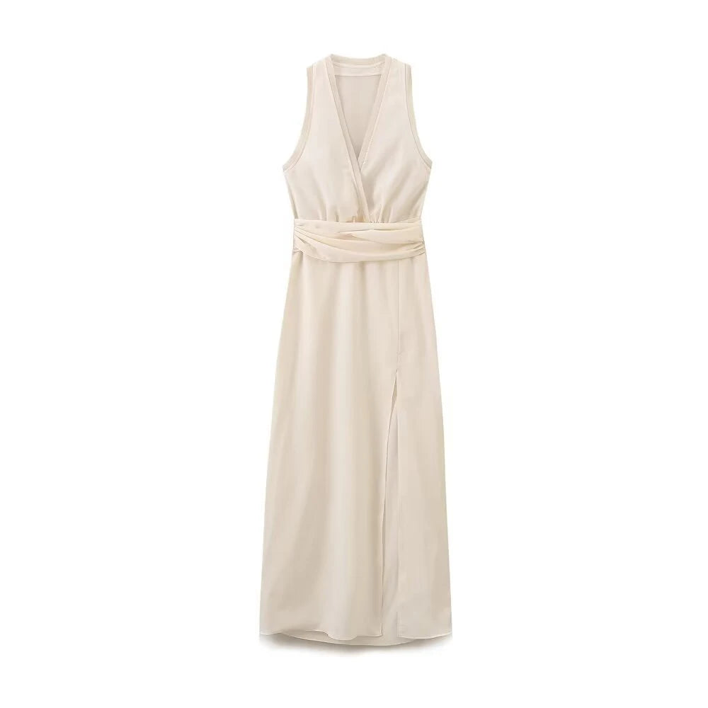 Midi Dresses - Women's V-neck Sleeveless Vest Dress Premium Temperament Slim Lapel Long Dress Sexy Semi-sheer Slit Lingerie Long Dresses