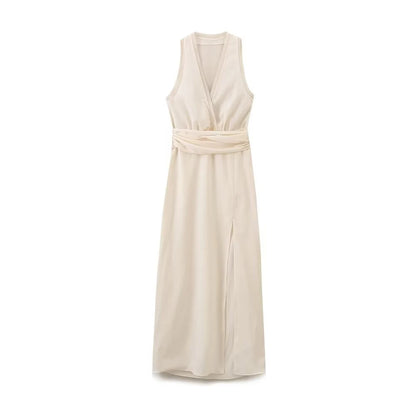 Midi Dresses - Women's V-neck Sleeveless Vest Dress Premium Temperament Slim Lapel Long Dress Sexy Semi-sheer Slit Lingerie Long Dresses