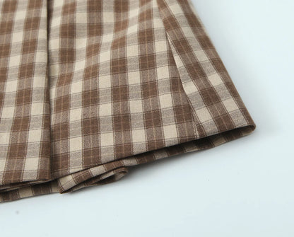 Skirts set - TRAFZA Women 2 Piece Set Elegant Plaid O-Neck Single Breasted Pocket Decorate Vest Top+Chic Zipper Pleated Slim Mini Culottes