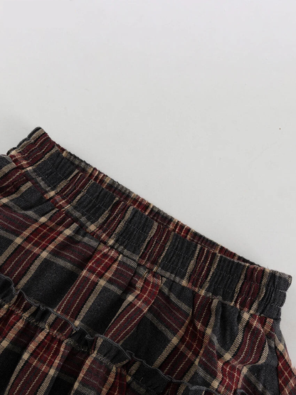 Fashion Loose Plaid 2 Piece Sets Women Outfit 2025 Elegant Long Sleeve Shirt With High Waist Mini Skirt Set Female