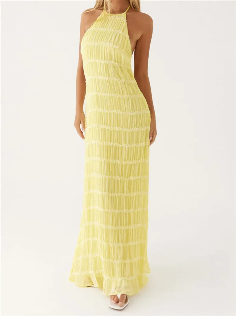 Party Dresses - Mozision Halter Backless Sexy Maxi Dress For Women Spring Summer New Lace-up Sleeveless Pleated Beach Holiday Long Dress Elegant