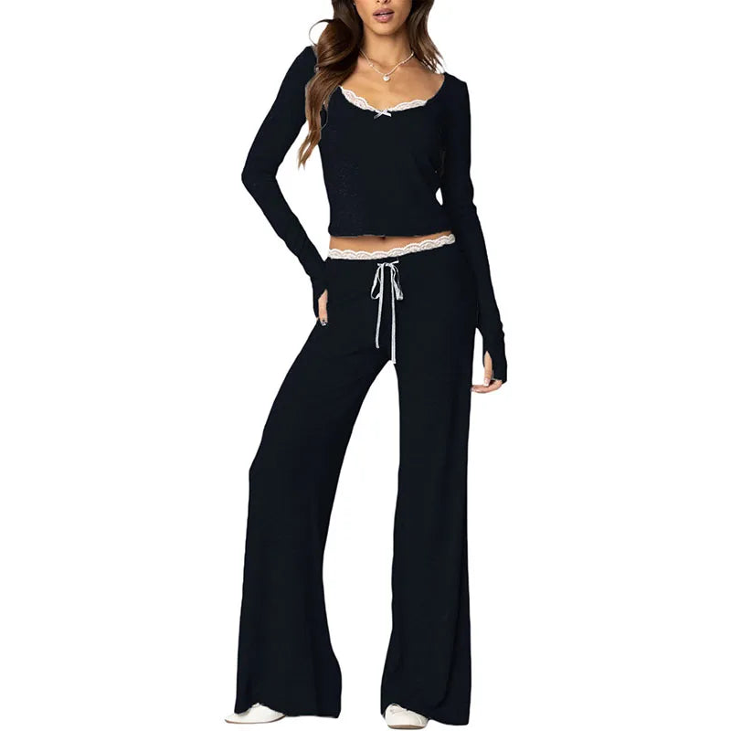 Loungewear - Women Lace Top Pant Suit Casual Bow Lace Up Patchwork Blouse Loose Elastic Waist Trouser Female Sets 2025 Spring Lady Streetwear