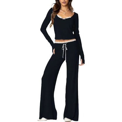 Loungewear - Women Lace Top Pant Suit Casual Bow Lace Up Patchwork Blouse Loose Elastic Waist Trouser Female Sets 2025 Spring Lady Streetwear