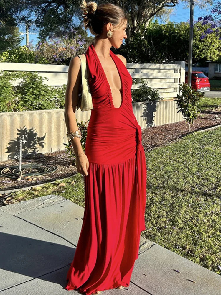 Plunging Dresses - Halter Deep V Neck Sexy Maxi Dress For Women Gown Fashion Solid Sleeveless Backless Draped Ruched Bodycon Long Dress