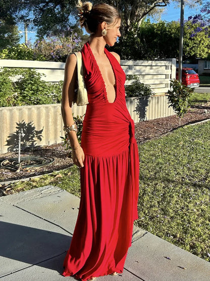 Plunging Dresses - Halter Deep V Neck Sexy Maxi Dress For Women Gown Fashion Solid Sleeveless Backless Draped Ruched Bodycon Long Dress
