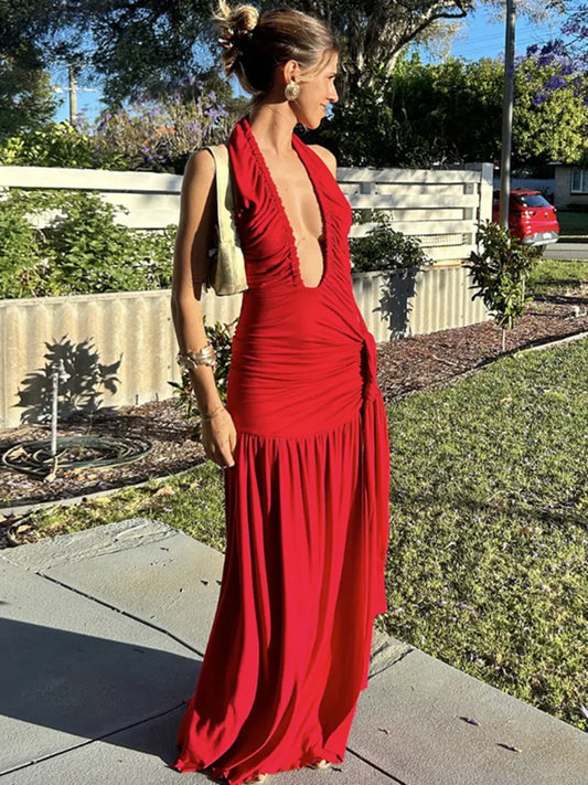 Plunging Dresses - Halter Deep V Neck Sexy Maxi Dress For Women Gown Fashion Solid Sleeveless Backless Draped Ruched Bodycon Long Dress