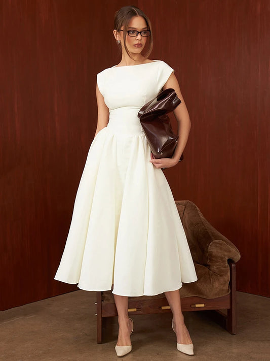 Elegant Dresses - White Backless A-line Sexy Maxi Dress For Women Gown Solid Hollow Out Sleeveless High Waist Club Pleated Dress Elegant