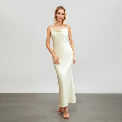 Satin Dresses - Backless Spaghetti Straps Party Long Dresses 2024 New Evening Gown Satin Vestidos Women's Cowl Neck Slip Wrap Dress