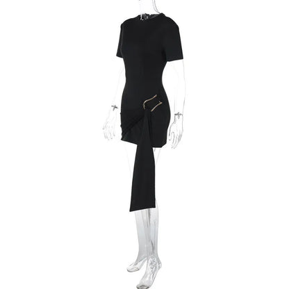 Mini Dresses - Short Sleeve Draped Sexy Mini Dress For Women Black Metal Buckle O Neck High Waist Bodycon Club Dress Vestido Clothes