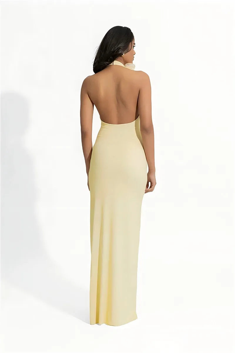 Mozision Mesh Rose Deep V Neck Sexy Maxi Dress For Women Gown Elegant Halter Sleeveless Backless Bodycon Club Party Long Dress