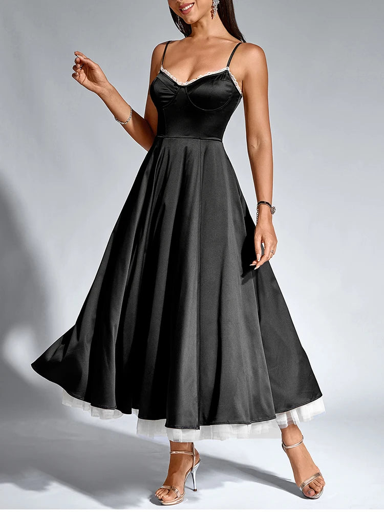 Elegant Dresses - Women's Adjustable Straps V-Neck Lace Slip Long Corset Dress Backless Contrast Elegant Casual Party Midi Dresses Black