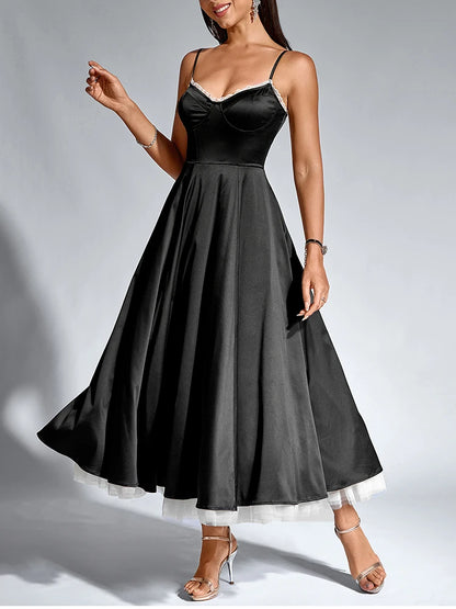 Elegant Dresses - Women's Adjustable Straps V-Neck Lace Slip Long Corset Dress Backless Contrast Elegant Casual Party Midi Dresses Black