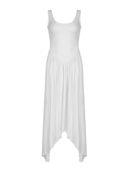 Casual Dresses - Solid Basic Sleeveless U Neck Asymmetrical Hem Long Dresses Women Casual Summer Vacation Clothing