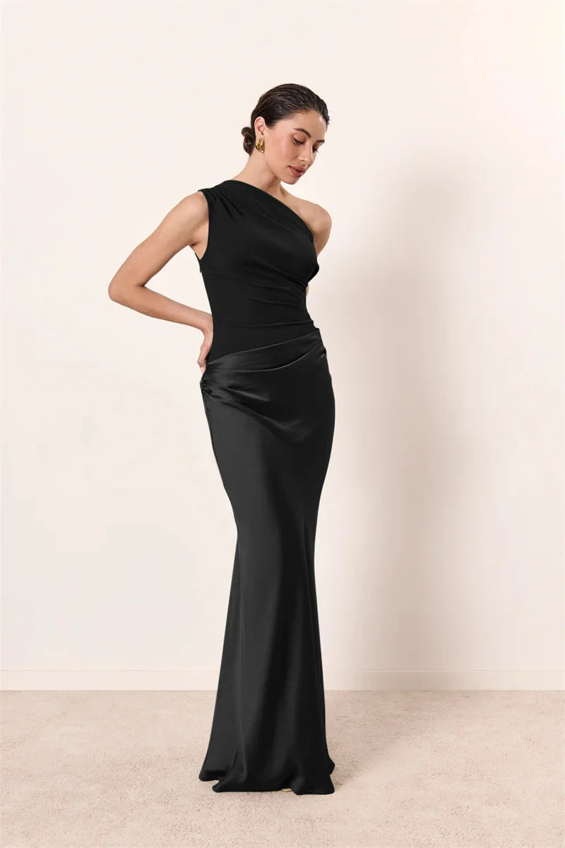 Elegant Dresses - Satin Inclined Shoulder Sexy Maxi Dress Women Fashion Patchwork Sleeveless Backless Bodycon Evening Club Party Dress