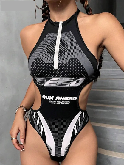 Bodysuits - Halter Hollow Bodysuit Woman Summer Backless Straps Zipper Sexy Print Wild Fashion Trend Streetwear Skinny Clubwear